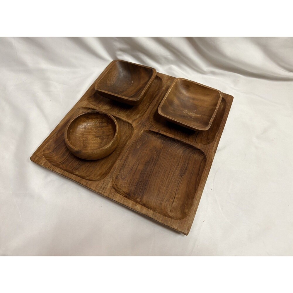 Vintage Teak Wood 4 Piece Serving Tray Set Appetizers Dips READ